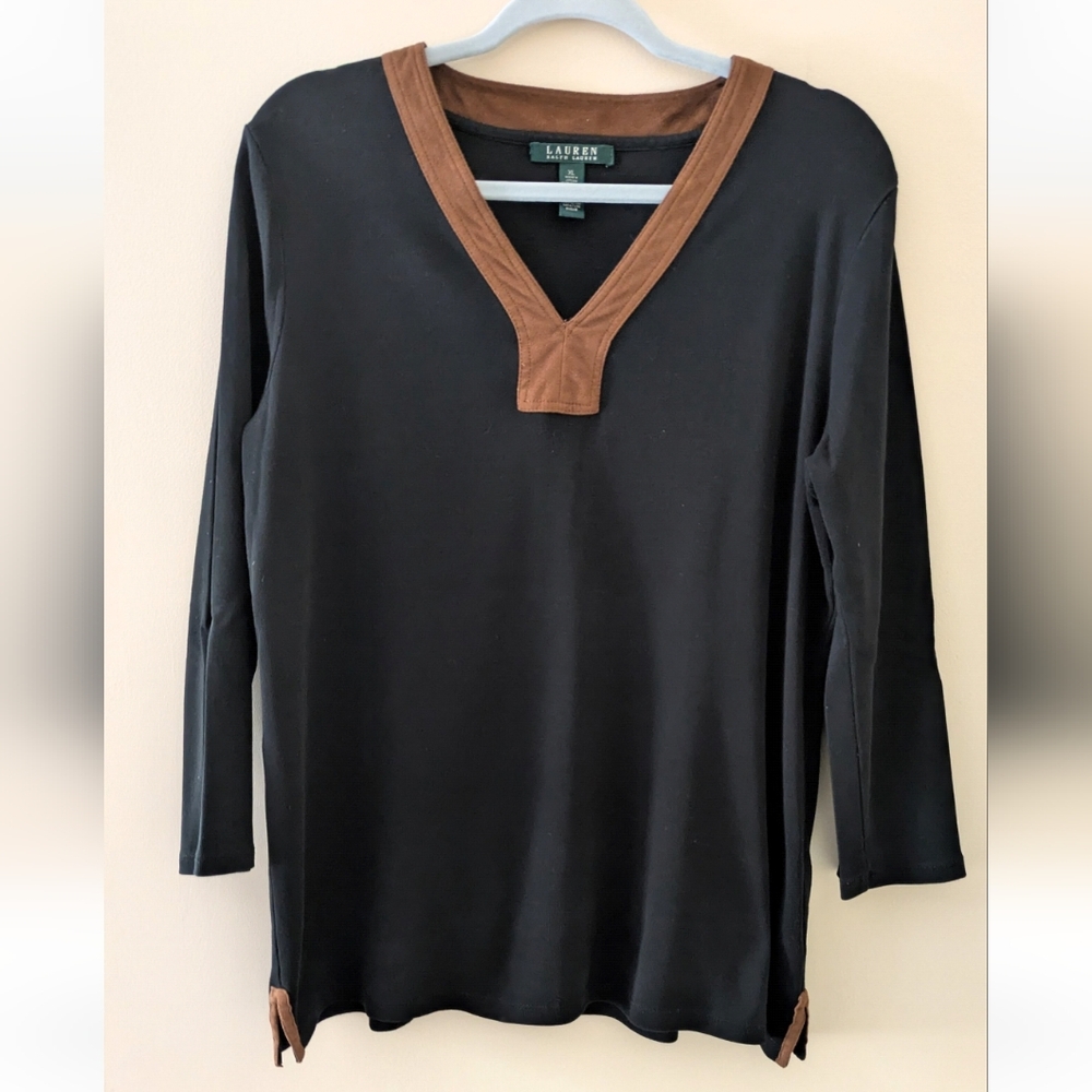 Lauren Ralph Lauren Black Top with Brown Trim ~ Sz XL